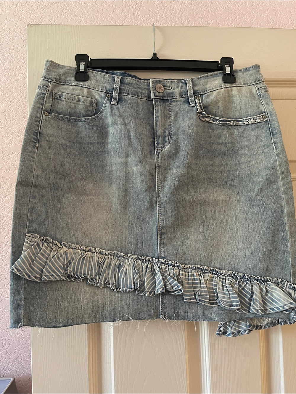 Vintage America Light Blue Denim Mini Skirt with Striped Ruffle
